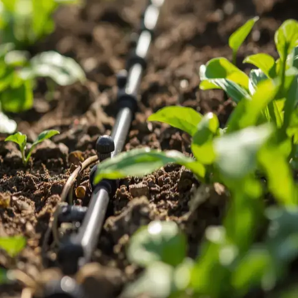 Drip irrigation lines installed in a hillside garden