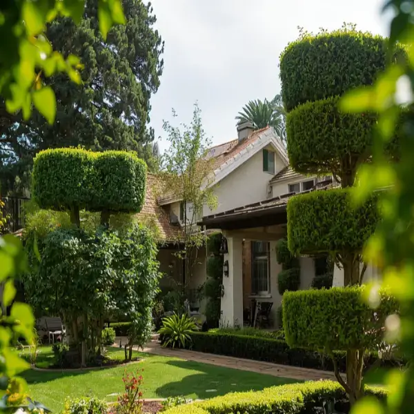 Trimmed ornamental trees at a vacation rental property